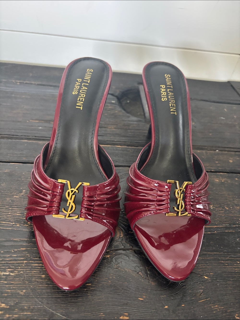 Yves Saint Laurent Logo Burgundy Patent Slide Mules with Gold Logo